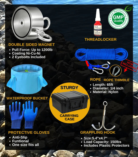 Image of 1200 Lb Magnet Fishing Kit with Heavy Duty Case Double Sided Magnets 2 In 1 For Treasure Hunters Includes Grappling Hook 65 Ft Rope
