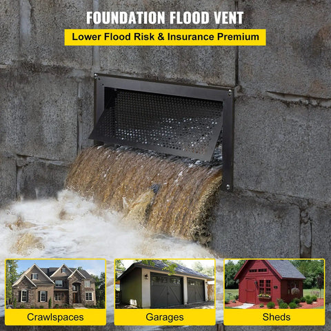 Crawl Space Flood Vent 8 By 16 By 2 Inches Wall Mounted Foundation Flood Vent with water flowing out, attached to concrete wall.