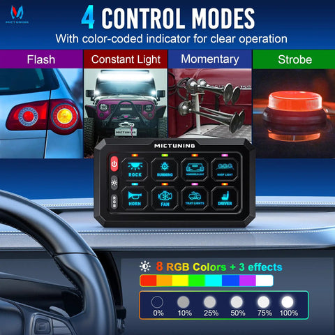 RGB 8 Gang Switch Panel IP67 Waterproof LED Control Box with four control modes and color-coded indicators.