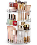 360 Degree Rotating Makeup Organizer For Countertop With Adjustable Shelf Height, The Go To Round Spinning Cosmetic Organizer For Bedroom Dresser Or Vanity Storage, Clear Finish displaying cosmetics