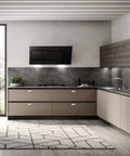 Modern kitchen with flat-panel cabinets, wall-mounted TV, and view of outside greenery through glass door.