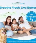 Family with dog relaxing, highlighting 2550 Replacement Filter Kit With Washable Pre Filter And 2 Stage True HEPA And Carbon Filter.