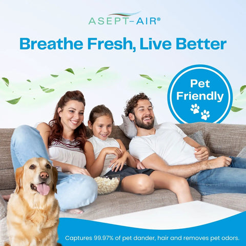 Family with dog relaxing, highlighting 2550 Replacement Filter Kit With Washable Pre Filter And 2 Stage True HEPA And Carbon Filter.