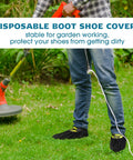 Individual wearing 200 Pack Disposable Shoe Covers Non Slip Waterproof Non Woven Fabric Black Booties For Indoor Outdoor Use Extra Large 100 Pairs Recyclable Durable Slip Resistant Boot Covers while using garden trimmer on lawn