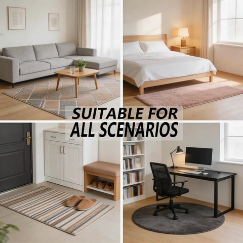 Living room, bedroom, entryway, and office with rugs secured by 16Pcs Rug Gripper Tape Set, Non Slip Carpet Tape For Hardwood Floors And Tiles.