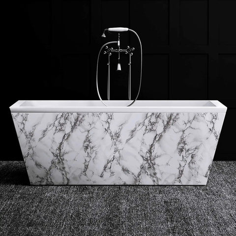 Marble-patterned bathtub with modern fixtures against dark wall