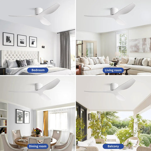 52 Inch White Ceiling Fan No Light Low Profile Flush Mount With Remote in bedroom, living room, dining room, and balcony