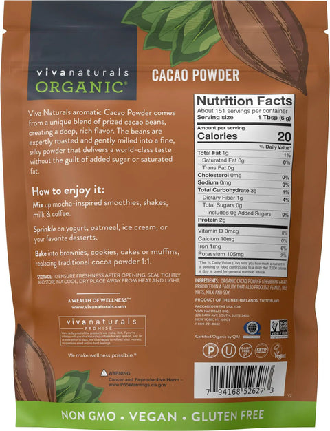 Back view of organic cacao powder bag with nutrition facts and usage instructions for Totally Rich Dark Cacao Powder Unsweetened 2 Lb For Baking Smoothies And Hot Chocolate This Go-To Plant Based Cocoa Powder Is Vegan Keto Paleo Non-GMO Gluten Free With Deep Chocolate Flavor For Cakes Cookies Pancakes And More.