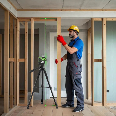 Worker using Dead Nuts True Self Leveling Green Laser Level Tough Cross Line Tool with Dual Plumb Dots in a construction setting.