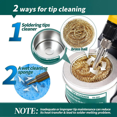 Two cleaning methods for Digital Soldering Station With Temperature Control And Celsius Fahrenheit Display 75 Watt Equivalent ESD Safe Aluminum Panel Burn Resistant Build Includes Pro Grade Solder Tips Lead Free Solder And Extras For Electronics using brass ball and wet sponge.