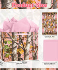Pink Deer Camo Gift Bag Set with tissue paper, greeting card, woodland theme shown with dimensions and pink leaf design.