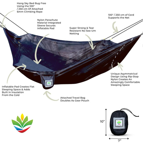 Image of Bug Free Sky Bed Camping Hammock Tent with flat lay design, attached travel bag, and inflatable pad sleeve for elevated comfort.