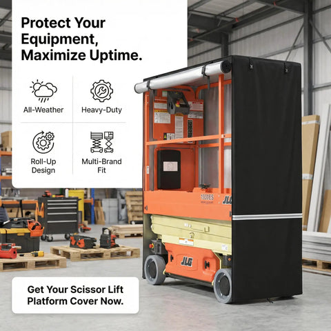 Heavy Duty Scissor Lift Cover 75 X 34 X 87 Inch Tough As Nails Aerial Guard on a scissor lift in a workshop setting.