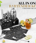 Ultimate Home Bar Mixology Kit With Stand 15 Piece Silver Bar Tool Set displayed with cocktail recipe cards and utensils