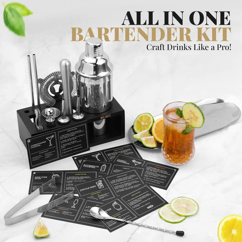 Ultimate Home Bar Mixology Kit With Stand 15 Piece Silver Bar Tool Set displayed with cocktail recipe cards and utensils