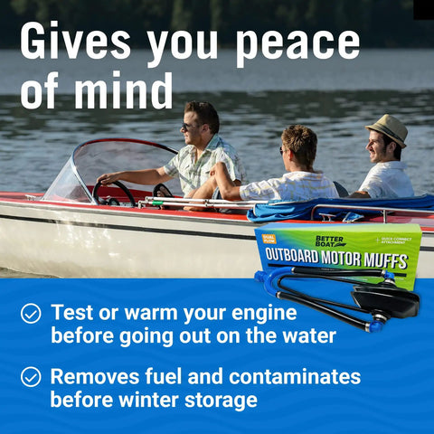 Three men in a boat with packaging for Dual Flow Water Muffs For Outboard Motors, Dockside Ready Double Sided Engine Flush Kit visible.