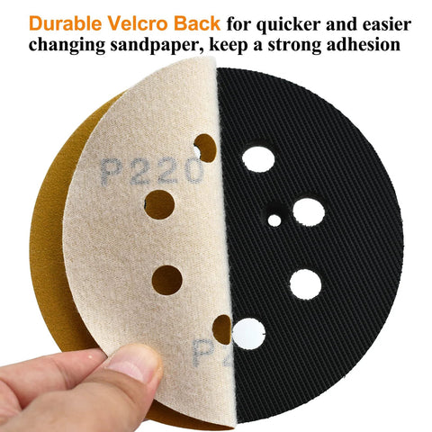 Aiyard 5-inch 8-hole hook-and-loop sanding disc, 220 grit, black abrasive surface with beige backing.