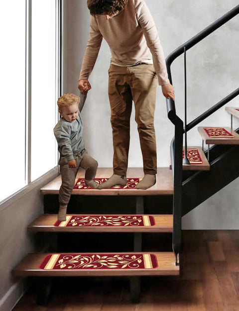 Adult and child walking on stairs with Anti Slip Stair Treads 15 Piece Red Set Pet Friendly No Slip Stair Mats With Rubber Backing Floral Design Grip.