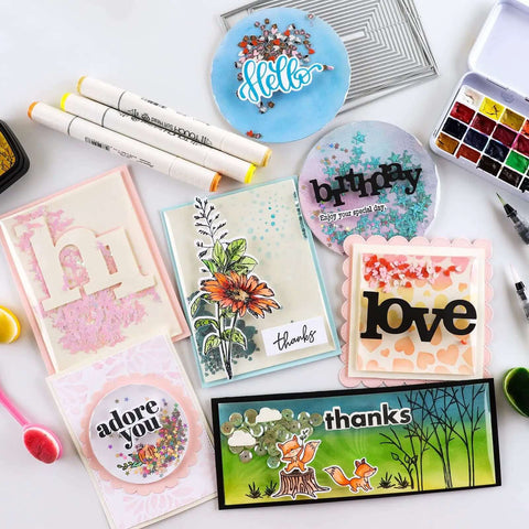 Flat Shaker Covers And Nesting Circle Dies For Shaker Card Making And DIY Scrapbooking with card samples and crafting tools