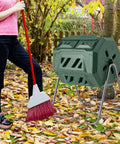 Dual Chamber 42 Gal Compost Tumbler With Sliding Doors 360 Degree Tumbling No Fuss Backyard Composting Metal Frame BPA Free Large Rotating Bin For Your Backyard Garden Waste Easy Aeration And Nonstop Composting Green in garden setting