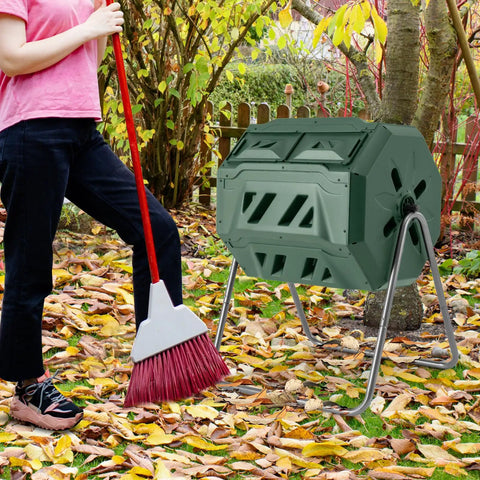 Dual Chamber 42 Gal Compost Tumbler With Sliding Doors 360 Degree Tumbling No Fuss Backyard Composting Metal Frame BPA Free Large Rotating Bin For Your Backyard Garden Waste Easy Aeration And Nonstop Composting Green in garden setting