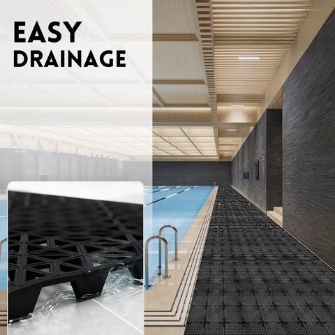 Modular Interlocking Cushion Drainage Floor Tiles 9 Pack 11.8 By 11.8 Inches PVC Raised 0.5 Inch Thick Non Slip Mats installed by a pool
