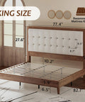 Top Shelf King Bed Frame Crafted From Solid Hardwood With A Fifty Inch Tall Tufted Linen Headboard And Rich Walnut Finish dimensions and design.