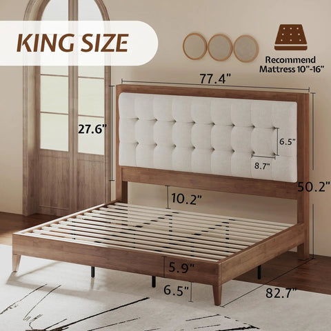 Top Shelf King Bed Frame Crafted From Solid Hardwood With A Fifty Inch Tall Tufted Linen Headboard And Rich Walnut Finish dimensions and design.