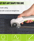 WorkPro Cordless Electric Scissors Rechargeable Power Rotary Cutter For Fabric Leather Metal Paper And Carpet Heavy Duty DIY Tool Easy Grip Ergonomic Design Super Sharp Blade Versatile Home Craft Project cutting carpet with smooth curves and straight lines.