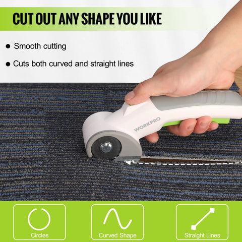 WorkPro Cordless Electric Scissors Rechargeable Power Rotary Cutter For Fabric Leather Metal Paper And Carpet Heavy Duty DIY Tool Easy Grip Ergonomic Design Super Sharp Blade Versatile Home Craft Project cutting carpet with smooth curves and straight lines.