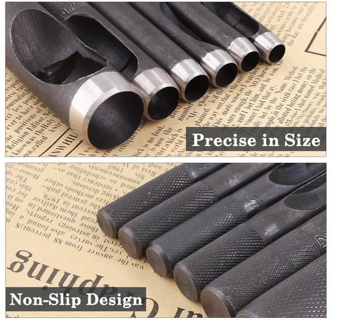 Beefy 12mm Round Gasket Punch Tool Heavy Duty Carbon Steel Hollow Hole Cutter with non-slip handles on vintage paper