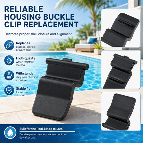 Heavy Duty Replacement Housing Buckle Clips 4 Pack Secure Locking Snap Fasteners For Robotic Pool Cleaners, water-resistant black clip by the pool.