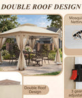 11x11 Pop Up Gazebo Instant Setup Outdoor Canopy Tent With Waterproof Fabric, UV Protection, Khaki, on a patio with table and chairs