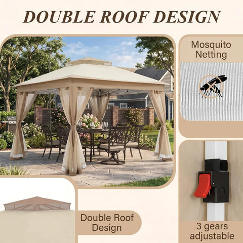 11x11 Pop Up Gazebo Instant Setup Outdoor Canopy Tent With Waterproof Fabric, UV Protection, Khaki, on a patio with table and chairs