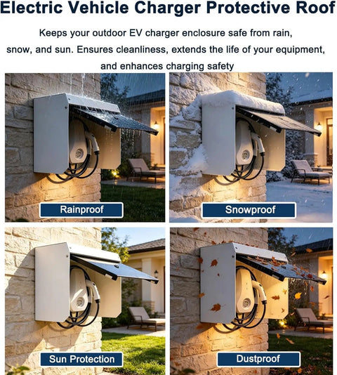 Kickass Heavy Duty EV Charger Cover With Slick Flip Up Door, All Weather Wall Mount Shield, Rain Snow Wind Protector For Plug In Rigs, Secure Locking Enclosure - rainproof and snowproof protection displayed.