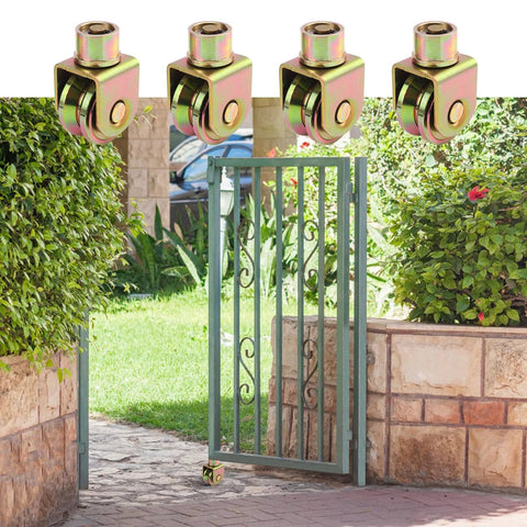 4 Pack 2.5 Inch Sliding Gate Wheels With 360 Degree Rotational Stem And V Groove Caster shown on a metal garden gate