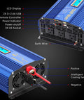 Rugged 1500 Watt Pure Sine Wave Inverter Effortlessly Converts 12V DC To 120V AC With Triple Outlets And Dual USB Chargers, showing USB ports and LCD.