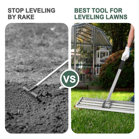 Comparison of traditional rake versus Lawn Leveling Rake With 76 Inch Handle, Stainless Steel Ground Leveler for lawns