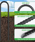 Close-up of Heavy Duty Trampoline Stakes 12 Pack 12 Inch Ground Anchors U Shaped Galvanized Steel Rebar Stakes in soil.