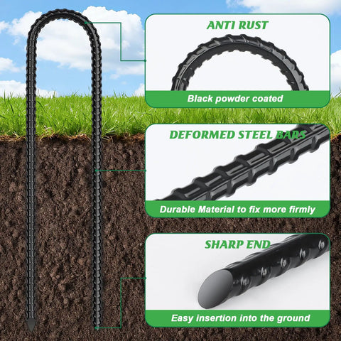 Close-up of Heavy Duty Trampoline Stakes 12 Pack 12 Inch Ground Anchors U Shaped Galvanized Steel Rebar Stakes in soil.