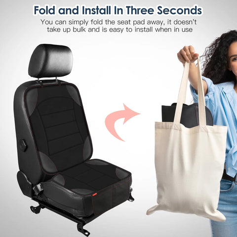 Universal Car Seat Protector For Kids And Pets, Waterproof Non Slip Leather Mat displayed next to a tote bag for portability.