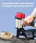 Pro Grade Galvanized Roofing Nails One Quarter Inch Shank Fifteen Degree Coil Fasteners with solid round heads ready for nail gun use.