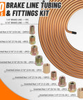 Premium Brake Line Tubing Kit 25 Ft 3/16 and 1/4 Inch With 60 Fittings Inverted Nuts and Unions For Auto Repair