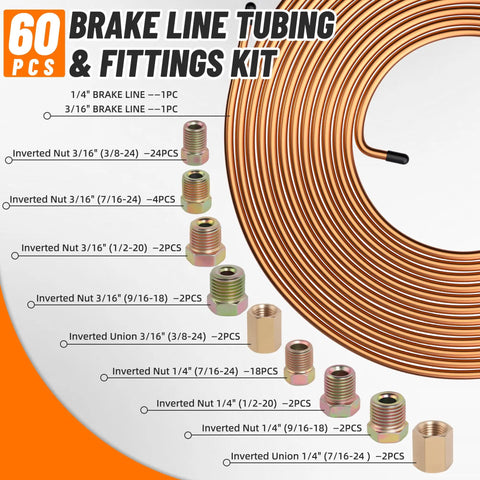 Premium Brake Line Tubing Kit 25 Ft 3/16 and 1/4 Inch With 60 Fittings Inverted Nuts and Unions For Auto Repair