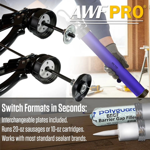 Dual Format Sausage To Cartridge Caulking Gun With 12 To 1 Thrust Aluminum Barrel and tips on workbench background