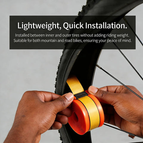 Installing Two Pack Bike Tire Liners With 1.3mm TPU Puncture Protection into a bicycle tire, adhesive surface shown.