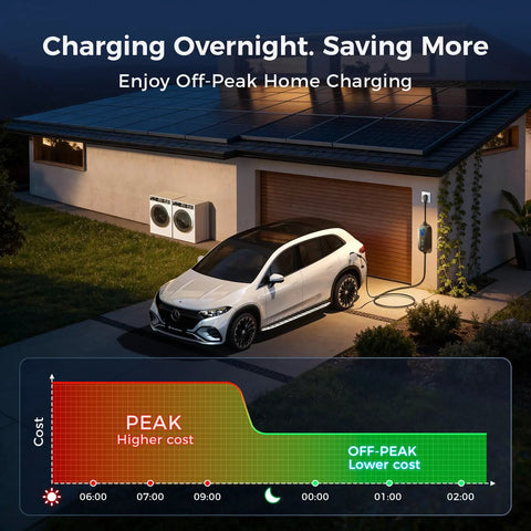 Car charging with Carbon Fiber Level 2 EV Charger With 24A Adjustable Current, Timer, Smart Display, at overnight off-peak