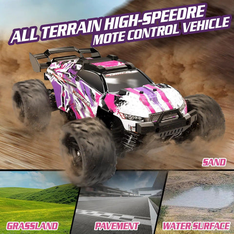 Pink Remote Control Car For Girls 1 to 18 Scale Super Fast 4WD Off Road RC Truck with LED lights on terrain backgrounds