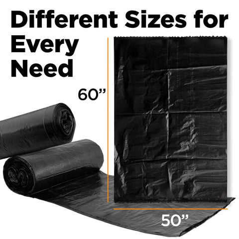 65 Gallon Heavy Duty Trash Bags 50x60 Inches Extra Large Black Contractor Liners for Custodians, Landscapers, Pros, Outdoor Toter Can Liners, Industrial Grade Made in USA 50 Pack displayed flat and rolled