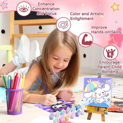 Child using 4 Pack Kids Paint By Numbers Kit With Frame And Wooden Easel Kid Friendly DIY Acrylic Paint By Numbers Set For Ages 4 8 12.